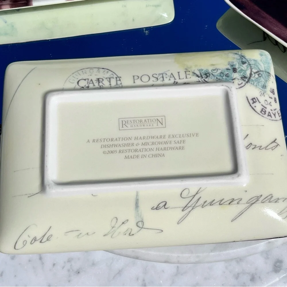 Restoration Hardware Vintage Parisian-themed Postcard Plates Trinket Trays Set 3